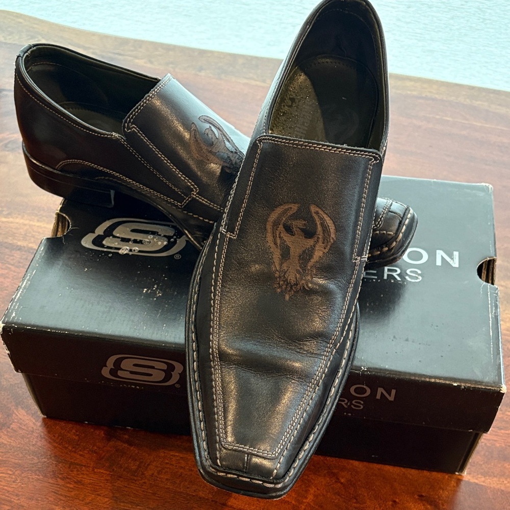 Skechers Black Leather Loafers with Embroidered Design